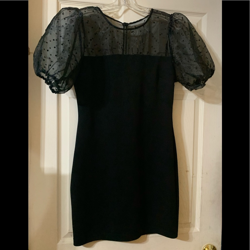 B.DARLIN Puff Sleeve Mesh Flocked Dot Sheath Dress - Picture 5 of 11